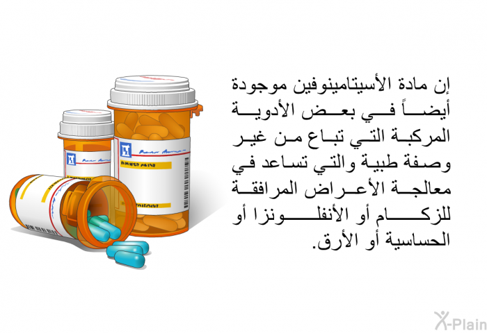 إن مادة الأسيتامينوفين موجودة أيضاً في بعض الأدوية المركبة التي تباع من غير وصفة طبية والتي تساعد في معالجة الأعراض المرافقة للزكام أو الأنفلونزا أو الحساسية أو الأرق.