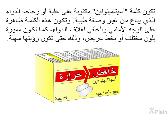 تكون كلمة "أسيتامينوفين" مكتوبة على علبة أو زجاجة الدواء الذي يباع من غير وصفة طبية. وتكون هذه الكلمة ظاهرة على الوجه الأمامي والخلفي لغلاف الدواء، كما تكون مميزة بلون مختلف أو بخط عريض، وذلك حتى تكون رؤيتها سهلة.