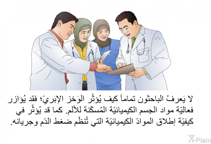 لا يَعرفُ الباحثون تماماً كيف يُؤثّر الوَخز الإبَريّ؛ فقد يُؤازر فعاليّة مواد الجسم الكيميائيّة المُسكّنة للألم. كما قد يُؤثّر في كيفيّة إطلاق الموادّ الكيميائيّة التي تُنظّم ضغط الدّم وجريانه.