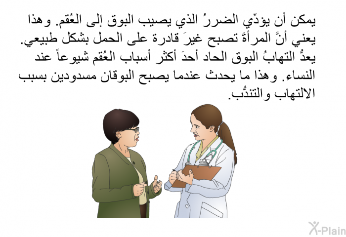 يمكن أن يؤدِّي الضررُ الذي يصيب البوق إلى العُقم. وهذا يعني أنَّ المرأةَ تصبح غيرَ قادرة على الحمل بشكل طبيعي. يعدُّ التهابُ البوق الحاد أحدَ أكثر أسباب العُقم شيوعاً عند النساء. وهذا ما يحدث عندما يصبح البوقان مسدودين بسبب الالتهاب والتندُّب.