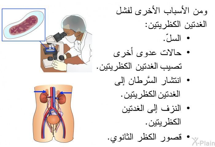 ومن الأسباب الأخرى لفشل الغدتين الكظريتين:   السلّ.  حالات عدوى أخرى تصيب الغدتين الكظريتين.  انتشار السَّرطان إلى الغدتين الكظريتين.  النزف الى الغدتين الكظريتين. قصور الكظر الثانوي.