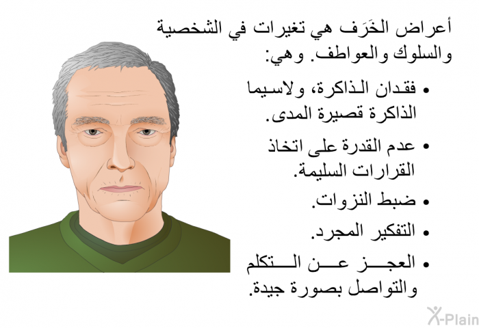 أعراض الخَرَف هي تغيرات في الشخصية والسلوك والعواطف. وهي:  فقدان الذاكرة، ولاسيما الذاكرة قصيرة المدى. عدم القدرة على اتخاذ القرارات السليمة. ضبط النزوات. التفكير المجرد. العجز عن التكلم والتواصل بصورة جيدة.