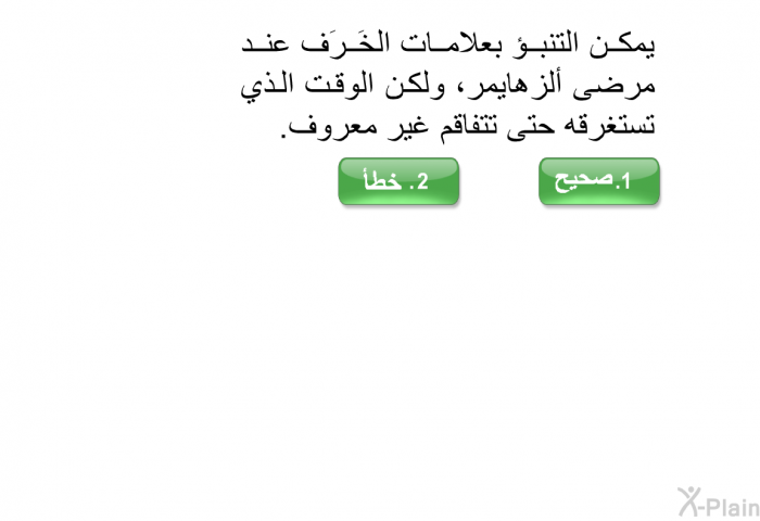 يمكن التنبؤ بعلامات الخَرَف عند مرضى ألزهايمر، ولكن الوقت الذي تستغرقه حتى تتفاقم غير معروف.