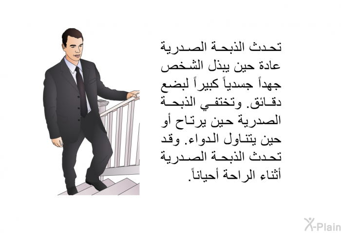 تحدث الذبحة الصدرية عادة حين يبذل الشخص جهداً جسدياً كبيراً لبضع دقائق. وتختفي الذبحة الصدرية حين يرتاح أو حين يتناول الدواء. وقد تحدث الذبحة الصدرية أثناء الراحة أحياناً.