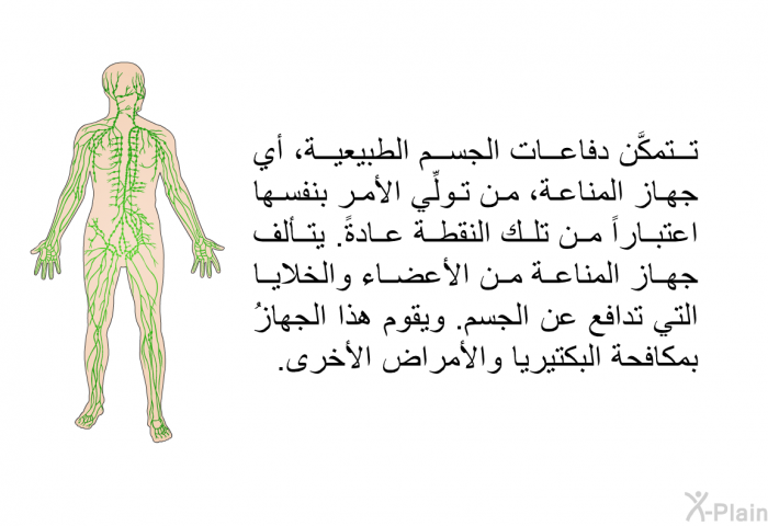 تتمكَّن دفاعات الجسم الطبيعية، أي جهاز المناعة، من تولِّي الأمر بنفسها اعتباراً من تلك النقطة عادةً. يتألف جهاز المناعة من الأعضاء والخلايا التي تدافع عن الجسم. ويقوم هذا الجهازُ بمكافحة البكتيريا والأمراض الأخرى.