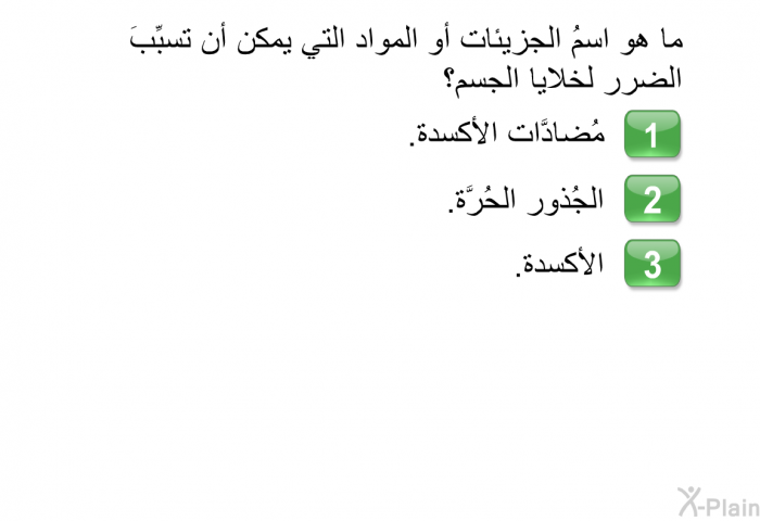 ما هو اسمُ الجزيئات أو المواد التي يمكن أن تسبِّبَ الضرر لخلايا الجسم؟   مُضادَّات الأكسدة.  الجُذور الحُرَّة. الأكسدة.