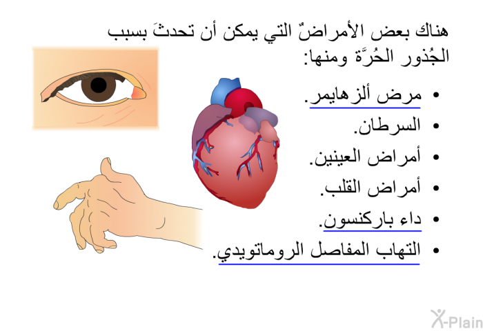 هناك بعض الأمراضٌ التي يمكن أن تحدثَ بسبب الجُذور الحُرَّة، ومنها:   مرض ألزهايمر.  السرطان.  أمراض العينين.  أمراض القلب.  داء باركنسون. التهاب المفاصل الروماتويدي.