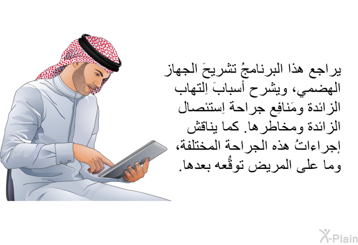 تراجع هذه المعلومات الصحية تشريحَ الجهاز الهضمي، وتشرح أسبابَ اِلتهاب الزائدة ومَنافِع جراحة اِستئصال الزائدة ومخاطرها. كما تناقش إجراءاتُ هذه الجراحة المختلفة، وما على المريض توقُّعه بعدها.