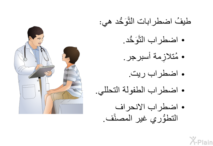 طيفُ اضطرابات التَّوَحُّد هي:  اضطراب التَّوَحُّد. مُتلازِمة أسبرجر. اضطراب ريت. اضطراب الطفولة التحللي. اضطراب الانحراف التطوُّري غير المصنَّف.