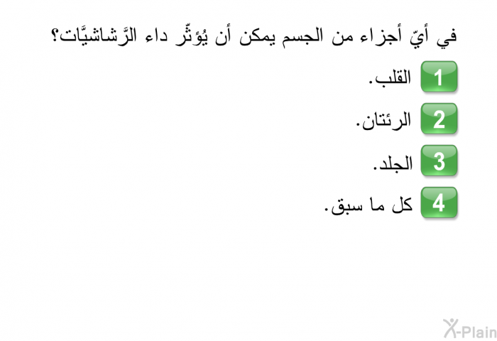 في أيّ أجزاء من الجسم يمكن أن يُؤثّر داء الرَّشاشيَّات؟  القلب. الرئتان. الجلد. كل ما سبق.