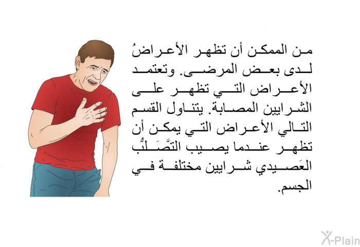 من الممكن أن تظهر الأعراضُ لدى بعض المرضى. وتعتمد الأعراض التي تظهر على الشرايين المصابة. يتناول القسم التالي الأعراض التي يمكن أن تظهر عندما يصيب التَّصَلُّب<B> </B>العَصيدي شرايين مختلفة في الجسم.