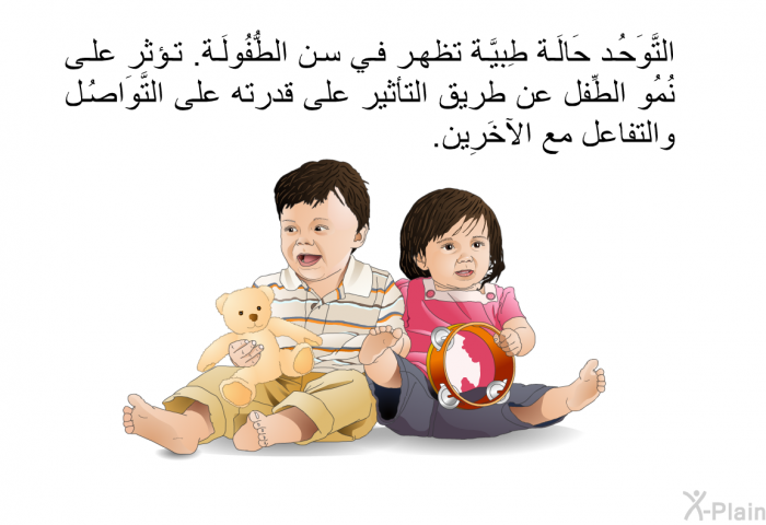 التَّوَحُد حَالَة طِبيَّة تظهر في سن الطُّفُولَة. تؤثر على نُمُو الطِّفل عن طريق التأثير على قدرته على التَّوَاصُل والتفاعل مع الآخَرِين.