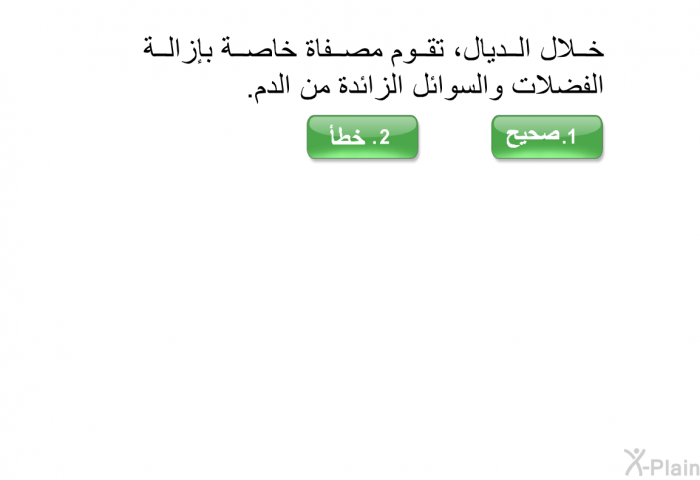 خلال الديال، تقوم مصفاة خاصة بإزالة الفضلات والسوائل الزائدة من الدم.