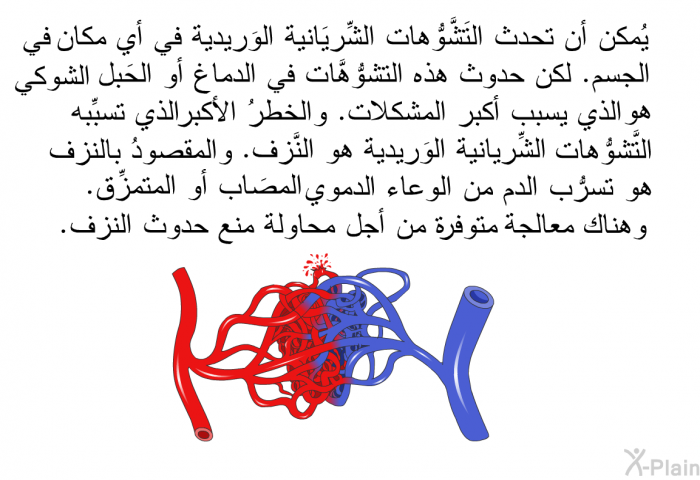 يُمكن أن تحدث التَّشَوُّهات الشِّريانية الوَريدية في أي مكانٍ في الجسم. لكن حدوث هذه التَّشَوُّهات في الدماغ أو الحبل الشوكي هو الذي يسبب أكبر المشكلات. والخطرُ الأكبر الذي تسبِّبه التَّشَوُّهات الشِّريانية الوَريدية هو النَّزِف. والمقصودُ بالنَّزف هو تسرُّب الدم من الوعاء الدموي المصاب أو المتمزِّق. وهناك معالجةٌ متوفرة من أجل محاولة منع حدوث النَّزف.