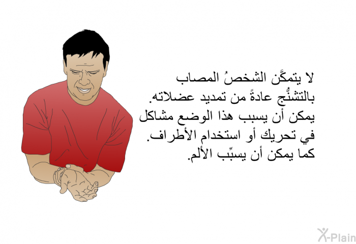 لا يتمكَّن الشخصُ المصاب بالتشنُّج عادةً من تمديد عضلاته. يمكن أن يسبب هذا الوضع مشاكل في تحريك أو استخدام الأطراف. كما يمكن أن يسبِّب الألم.