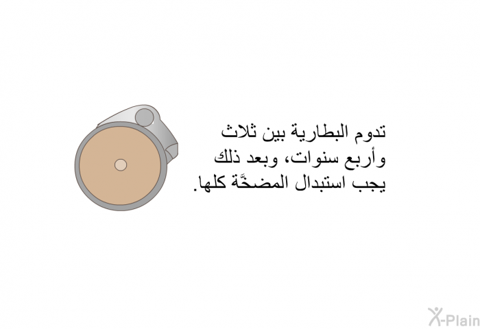 تدوم البطاريةُ بين ثلاث وأربع سنوات، وبعد ذلك يجب استبدال المضخَّة كلها.