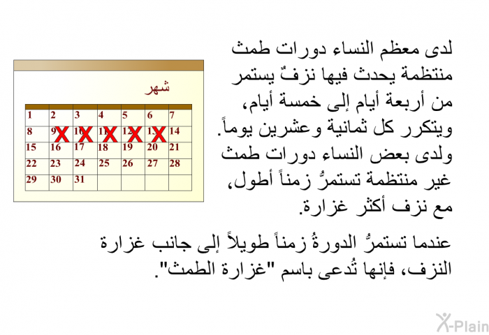 إن لدى معظم النساء دورات طمث منتظمة يحدث فيها نزفٌ يستمر من أربعة أيام إلى خمسة أيام، ويتكرر كل ثمانية وعشرين يوماً. ولدى بعض النساء دورات طمث غير منتظمة تستمرُّ زمناً أطول، مع نزف أكثر غزارة. عندما تستمرُّ الدورةُ زمناً طويلاً إلى جانب غزارة النزف، فإنها تُدعى باسم "غزارة الطمث".