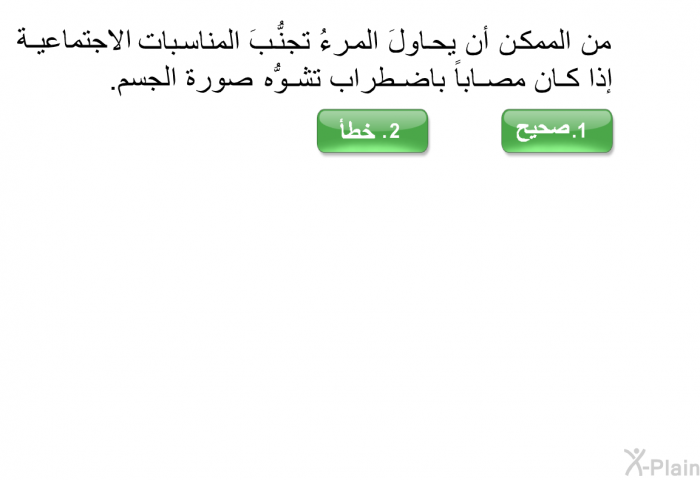 من الممكن أن يحاولَ المرءُ تجنُّبَ المناسبات الاجتماعية إذا كان مصاباً باضطراب تشوُّه صورة الجسم.