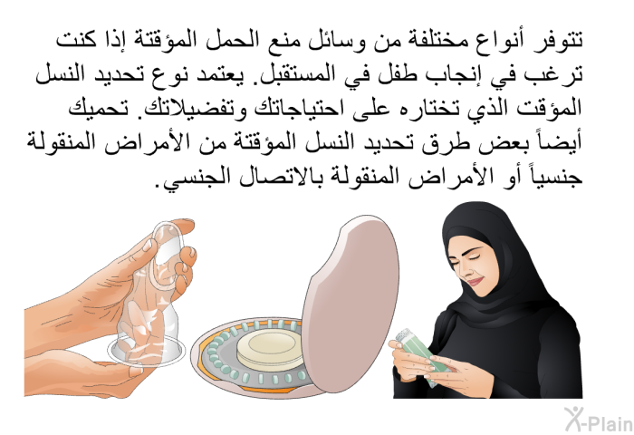 تتوفر أنواع مختلفة من وسائل منع الحمل المؤقتة إذا كنت ترغب في إنجاب طفل في المستقبل. يعتمد نوع تحديد النسل المؤقت الذي تختاره على احتياجاتك وتفضيلاتك. تحميك أيضاً بعض طرق تحديد النسل المؤقتة من الأمراض المنقولة جنسياً أو الأمراض المنقولة بالاتصال الجنسي.