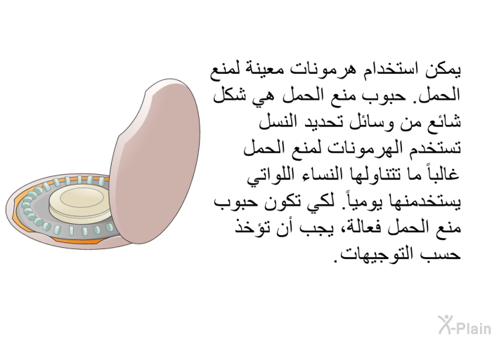 يمكن استخدام هرمونات معينة لمنع الحمل. حبوب منع الحمل هي شكل شائع من وسائل تحديد النسل تستخدم الهرمونات لمنع الحمل. غالباً ما تتناولها النساء اللواتي يستخدمنها يومياً. لكي تكون حبوب منع الحمل فعالة، يجب أن تؤخذ حسب التوجيهات.
