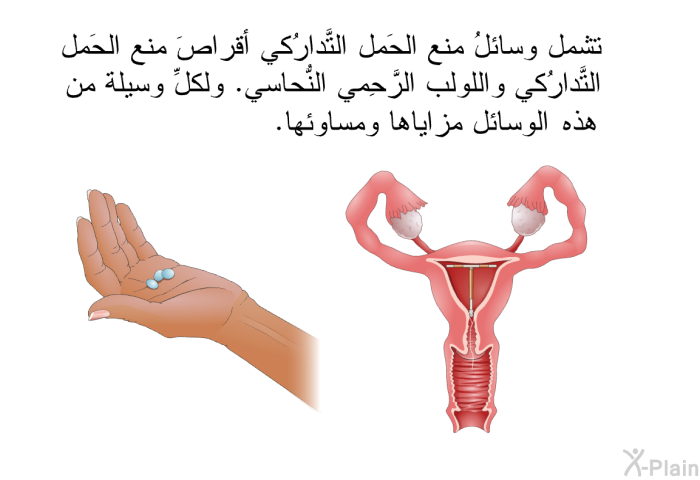 تشمل وسائلُ منع الحَمل التَّدارُكي أقراصَ منع الحَمل التَّدارُكي واللولب الرَّحِمي النُّحاسي. ولكلِّ وسيلة من هذه الوسائل مزاياها ومساوئها.