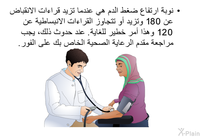 نوبة ارتفاع ضغط الدم هي عندما تزيد قراءات الانقباض عن 180 وتزيد أو تتجاوز القراءات الانبساطية عن 120. وهذا أمر خطير للغاية. عند حدوث ذلك، يجب مراجعة مقدم الرعاية الصحية الخاص بك على الفور.