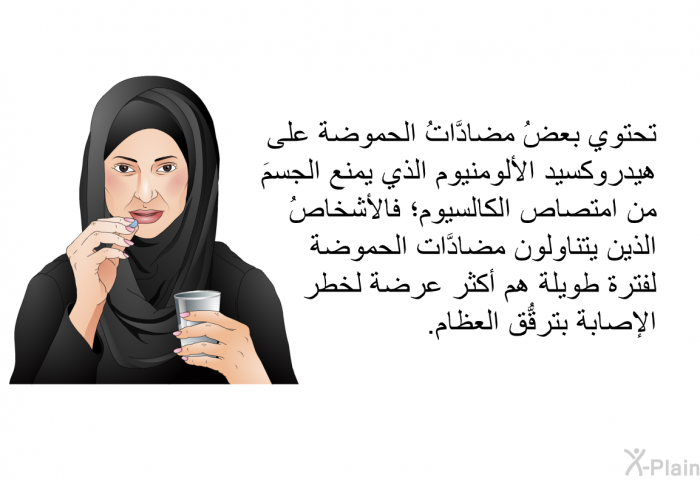 تحتوي بعضُ مضادَّاتُ الحموضة على هيدروكسيد الألومنيوم الذي يمنع الجسمَ من امتصاص الكالسيوم؛ فالأشخاصُ الذين يتناولون مضادَّات الحموضة لفترة طويلة هم أكثر عرضة لخطر الإصابة بترقُّق العظام.