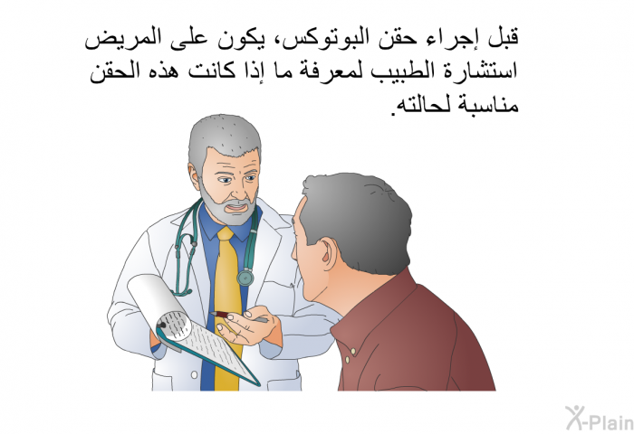 قبل إجراء حقن البوتوكس، يكون على المريض استشارة الطبيب لمعرفة ما إذا كانت هذه الحقن مناسبة لحالته.