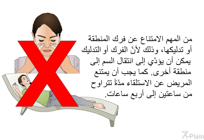 من المهم الامتناع عن فرك المنطقة أو تدليكها، وذلك لأنَّ الفرك أو التدليك يمكن أن يؤدِّي إلى انتقال السم إلى منطقة أخرى. كما يجب أن يمتنع المريض عن الاستلقاء مدَّةً تتراوح من ساعتين إلى أربع ساعات.