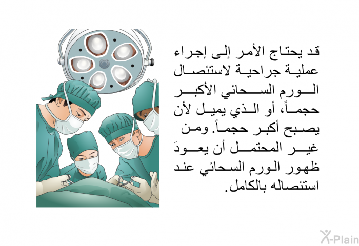 قد يحتاج الأمر إلى إجراء عملية جراحية لاستئصال الورم السحائي الأكبر حجماً، أو الذي يميل لأن يصبح أكبر حجماً. ومن غير المحتمل أن يعودَ ظهور الورم السحائي عند استئصاله بالكامل.