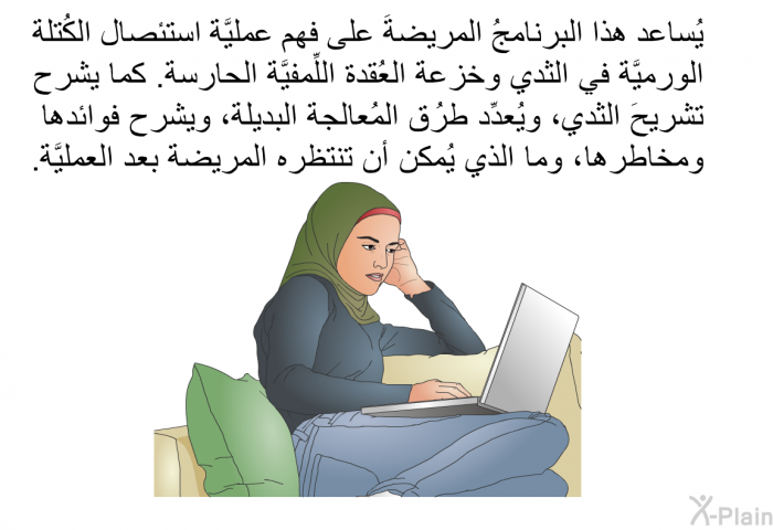 تساعد هذه المعلومات الصحية المريضةَ على فهم عمليَّة استئصال الكُتلة الورميَّة في الثدي وخزعة العُقدة اللِّمفيَّة الحارسة. كما تشرح تشريحَ الثدي، ويُعدِّد طُرُق المُعالجة البديلة، ويشرح فوائدها ومخاطرها، وما الذي يُمكن أن تنتظره المريضة بعد العمليَّة.