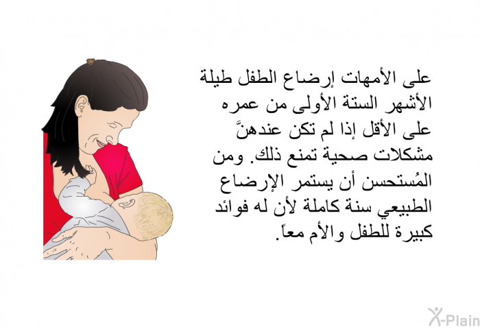 على الأمهات إرضاع الطفل طيلة الأشهر الستة الأولى من عمره على الأقل إذا لم تكن عندهنَّ مشكلات صحية تمنع ذلك. ومن المُستحسن أن يستمر الإرضاع الطبيعي سنة كاملة لأن له فوائد كبيرة للطفل والأم معاً.