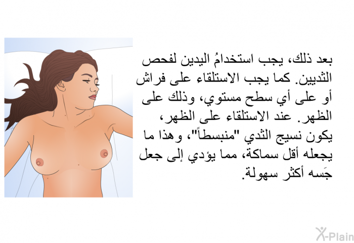 بعد ذلك، يجب استخدامُ اليدين لفحص الثديين. كما يجب الاستلقاء على فراش أو على أي سطح مستوي، وذلك على الظهر. عند الاستلقاء على الظهر، يكون نسيج الثدي "منبسطاً"، وهذا ما يجعله أقل سماكة، مما يؤدي إلى جعل جَسه أكثر سهولة.