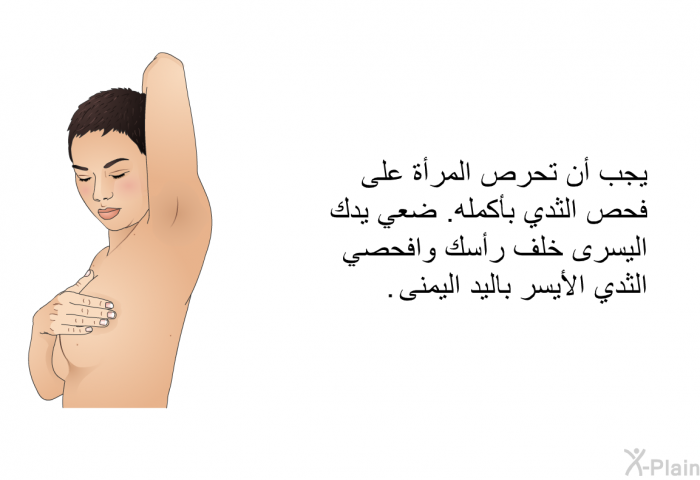 يجب أن تحرصَ المرأة على فحص الثدي بأكمله. ضعي يدك اليسرى خلف رأسك وافحصي الثدي الأيسر باليد اليمنى.