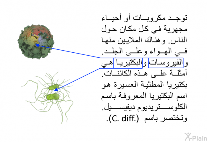 توجد مكروبات أو أحياء مجهرية في كل مكان حول الناس. وهناك الملايين منها في الهواء وعلى الجلد. والفيروسات والبكتيريا هي أمثلة على هذه الكائنات. بكتيريا المطثية العسيرة هو اسم البكتيريا المعروفة باسم الكلوستريديوم ديفيسيل. وتختصر باسم (C. diff.).