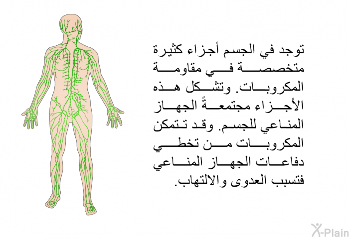 توجد في الجسم أجزاء كثيرة متخصصة في مقاومة المكروبات. وتشكل هذه الأجزاء مجتمعة الجهاز المناعي للجسم. وقدً تتمكن المكروبات من تخطي دفاعات الجهاز المناعي فتسبب العدوى والالتهاب.