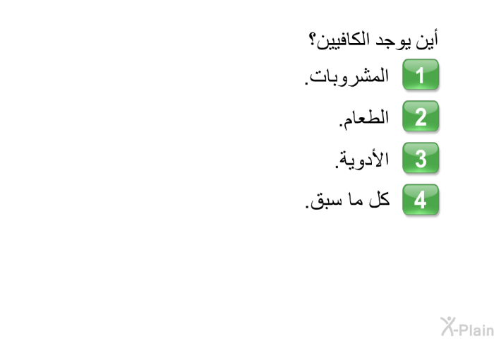 أين يوجد الكافيين؟   المشروبات.  الطعام.  الأدوية. كل ما سبق.