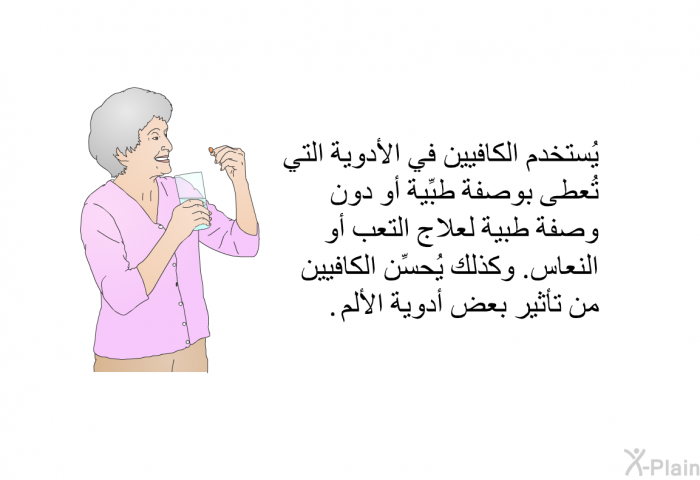 يُستخدم الكافيين في الأدوية التي تُعطى بوصفة طبِّية أو دون وصفة طبية لعلاج التعب أو النعاس. وكذلك يُحسِّن الكافيين من تأثير بعض أدوية الألم.