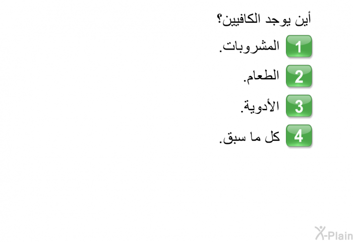 أين يوجد الكافيين؟   المشروبات.  الطعام.  الأدوية. كل ما سبق.