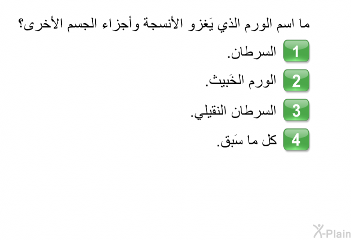 ما اسم الورم الذي يَغزو الأنسجة وأجزاء الجسم الأخرى؟   السرطان.  الورم الخَبيث.  السرطان النقيلي.  كل ما سَبق.