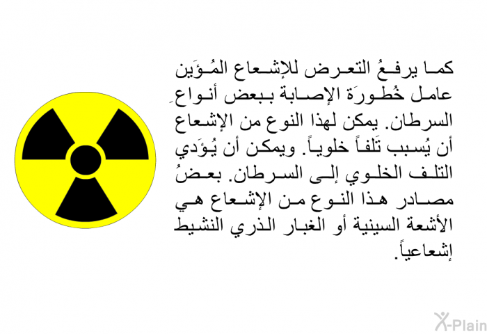 كما يرفعُ التعرض للإشعاع المُؤَين عامل خُطورَة الإصابة ببعض أنواعِ السرطان. يمكن لهذا النوع من الإشعاع أن يُسبب تَلفاً خلوياً. ويمكن أن يُؤَدي التلف الخلوي إلى السرطان. بعضُ مصادر هذا النوع من الإشعاع هي الأشعة السينية أو الغبار الذري النشيط إشعاعياً.