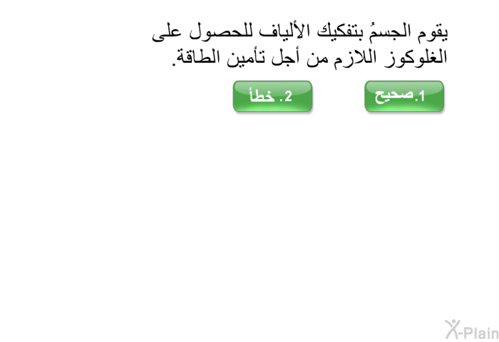 يقوم الجسمُ بتفكيك الألياف للحصول على الغلوكوز اللازم من أجل تأمين الطاقة<B>. </B>