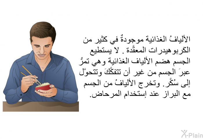 الأليافُ الغذائية موجودةٌ في كثير من الكَربوهيدرات المعقَّدة<B>. </B>لا يستطيع الجسم هضم الألياغ الغذائية، وهي تمرُّ عبرَ الجسم من غير أن تتفكَّكَ وتتحوَّل إلى سُكَّر<B>. </B>وتخرج الأليافُ من الجسم مع البراز عند إستخدام المرحاض<B>.</B>