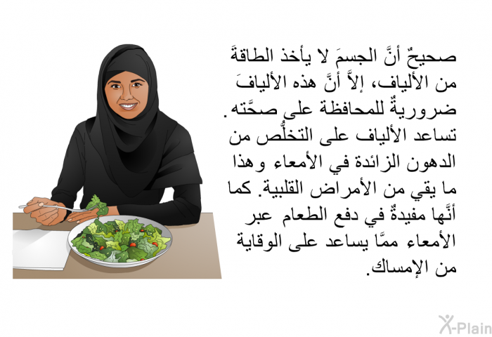 صحيحٌ أنَّ الجسمَ لا يأخذ الطاقةَ من الألياف، إلاَّ أنَّ هذه الأليافَ ضروريةٌ للمحافظة على صحَّته<B>. </B>تساعد الألياف على التخلُّص من الدهون الزائدة في الأمعاء، وهذا ما يقي من الأمراض القلبية<B>. </B>كما أنَّها مفيدةٌ في دفع الطعام عبر الأمعاء، ممَّا يساعد على الوقاية من الإمساك<B>.</B>