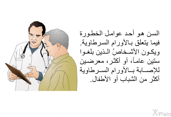 السنُّ هو أحد عوامل الخطورة فيما يتعلق بالأورام السرطاوية. ويكون الأشخاصُ الذين بلغوا ستين عاماً، أو أكثر، معرضين للإصابة بالأورام السرطاوية أكثر من الشباب أو الأطفال.