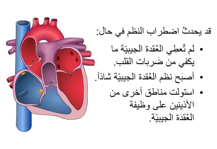 قد يحدثُ اضطراب النظم في حال:   لم تُعطِي العُقدة الجيبيّة ما يكفي من ضَربات القلب.  أصبَح نظم العُقدة الجيبيّة شاذاً.  استولت مناطق أخرى من الأذينين على وظيفة العُقدَة الجيبيّة.