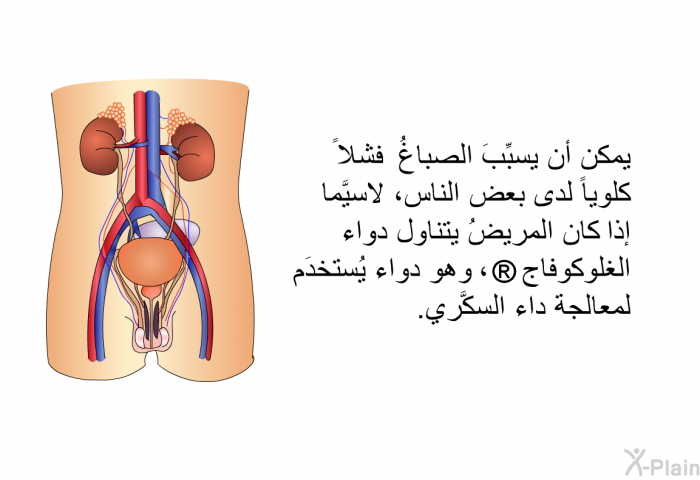 يمكن أن يسبِّبَ الصباغُ فشلاً كلوياً لدى بعض الناس، لاسيَّما إذا كان المريضُ يتناول دواء الغلوكوفاج ، وهو دواء يُستخدَم لمعالجة داء السكَّري.