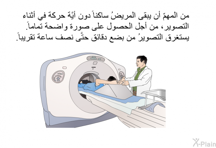 من المهمِّ أن يبقى المريضُ ساكناً دون أيَّة حركة في أثناء التصوير، من أجل الحصول على صورة واضحة تماماً. يستغرق التصويرُ من بضع دقائق حتَّى نصف ساعة تقريباً.