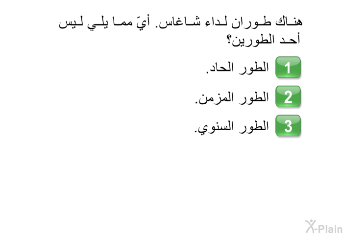 هناك طوران لداء شاغاس. أيّ مما يلي<B> </B>ليس أحد الطورين؟   الطور الحاد.  الطور المزمن. الطور السنوي.