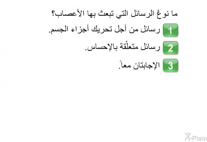 ما نوعُ الرسائل التي تبعث بها الأعصاب؟   رسائل من أجل تحريك أجزاء الجسم.  رسائل متعلِّقة بالإحساس.  الإجابتان معاً.